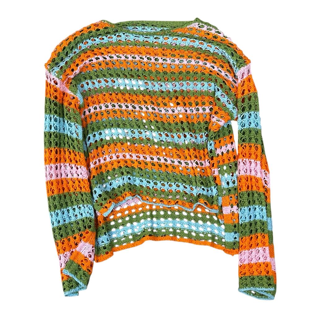 Carrot Drop Shoulder Open Knit Sweater Womens Medium Stripes Maximalist Festival